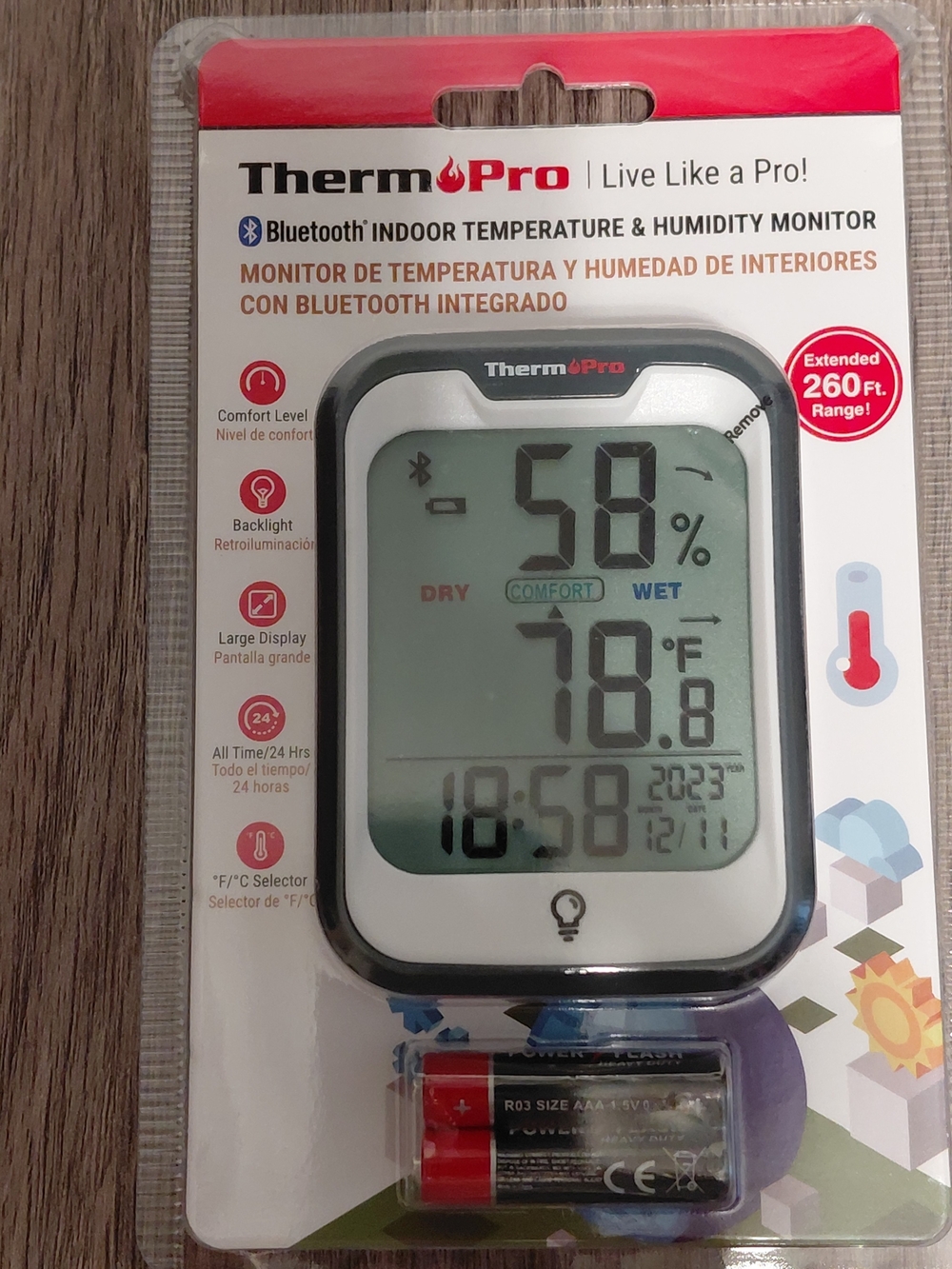 TempPro TP358W LCD Bluetooth Indoor Thermometer Hygrometer for Home Greenhouse